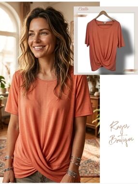 🌿Cato Women's Small Soft Orange Short Sleeve Lightweight Wrap Waist Top